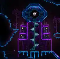 A structure partly made of bricks crafted from glowing moss.