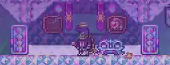 Aetherium furniture, a pink banner, a Health Fountain in an Item Frame, and a weapon, likely the summon weapon for the Barnacle sentry, in an Item Frame.