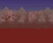 Similar to the previous image, but has a redder grass hue and different trees, skull, and bones.