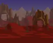 Red hills with crimson trees and large brown arches.