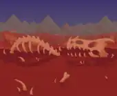 (Desktop, Console and Mobile versions) Blood lake with dragon bones in a crimson field with many trees and various other dragon bones.