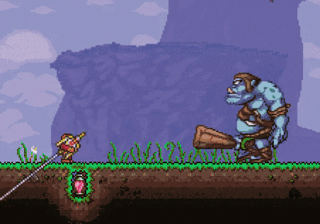 An Ogre using each of its attacks to defeat a player.