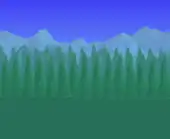 Updated classic background with evergreens with distant, realistic mountains.