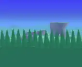 (Desktop, Console and Mobile versions) Evergreens blocking hills with a plateau.