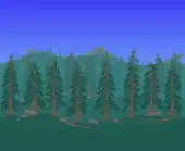 (Desktop, Console and Mobile versions) Pine forest with mountains in the distance.