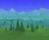 (Desktop, Console and Mobile versions) Hilly landscape with evergreens, uses art from the 3DS background.