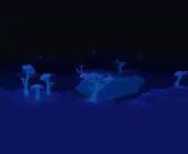 (Desktop, Console and Mobile versions) Open mushroom field with a lake in the background.