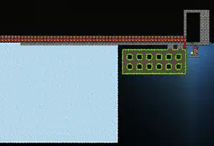 The wiring for the optimized farm. Turning on the timer causes the hoik teeth to actuate and deactuate rapidly, catching enemies in the hoik as they spawn.