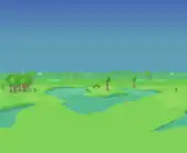 (Desktop, Console and Mobile versions) Marsh-like field with sparse jungle trees and animated water bodies.