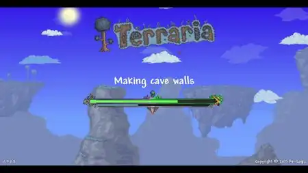 A loading screen that shows while generating a new world. A loading bar in the center indicates overall progress, and the left half is purple to indicate that the world is Corrupt. Above the loading bar is text to indicate what step of world generation the game is currently on, and below is a hint for the player on how to play the game. In the background is a green landscape and sun.