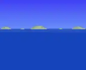 Distant sandy islands with palm trees and moʻai.