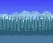 Updated classic evergreen forest blocking snowy mountains.