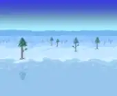 (Desktop, Console and Mobile versions) Snowy plains with pine trees, a few piles of Snowballs and a snowman behind a frozen lake.