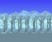 Mountains with leafless trees.