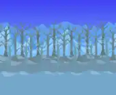 Frozen tree forest blocking snowy mountains.