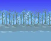 Frozen forest blocking mountains.