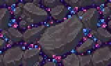Large rocks with gaps filled with blue and pink crystals on a purple background.