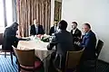 Albin Kurti, Prime Minister of Kosovo, with Stuart Peach, UK PM’s Special Envoy to the Western Balkans, and Nikos Dendias, Greek Minister of Foreign Affairs, at the 2023 Delphi Economic Forum.