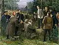 Felix Edmundovich Dzerzhinsky in a Clandestine Meeting, in a Forest near Vilnius, 1897, 1953, oil on canvas, 78*102, Lithuanian National Museum of Art