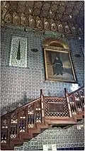 The wooden staircase in the residence hall