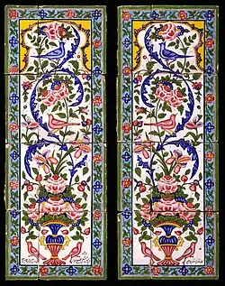 Tiles painted with polychrome glazes over a white glaze