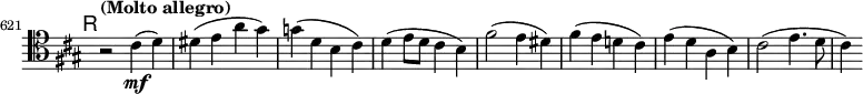 \relative c' \new Staff \with { \remove "Time_signature_engraver" } {
\key a \major \clef tenor
\set Staff.midiInstrument = "cello"
\set Score.tempoHideNote = ##t \tempo "(Molto allegro)" 2 = 108
\mark \markup \sans R
\time 2/2
\set Score.currentBarNumber = #621 \bar ""
r2 cis4\mf( d) | dis( e a gis) | g( d b cis) | d( e8 d cis4 b) | fis'2( e4 dis) |
fis( e d! cis) | e( d a b) | cis2( e4. d8 | cis4)
}