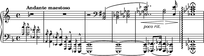 {
\relative c' { \new PianoStaff << \set PianoStaff.connectArpeggios = ##t
\new Staff { \key f \major \tempo "Andante maestoso"
R1 R r2 \clef F << { <a, c fis>2\(
\stemDown <bes des g> <ces ees aes> \stemUp <ees ees'>2..\) q16 s1 } \\
{ \stemNeutral s2*3 <aes bes>2\<_\markup\italic{poco rit.} <g bes>\>
<ees aes ces ees>1\arpeggio\!^\fermata } >>
}
\new Staff { \clef F \key f \major
\slashedGrace { <a a'>8 } <a a'>2^^ \slashedGrace { <ees ees'>8 } <ees ees'>2^^
\slashedGrace { <a, a'>8 } <a a'>4^^ \slashedGrace { <ees ees'>8 } <ees ees'>4^^
\slashedGrace { <a, a'>8 } <a a'>4^^ \slashedGrace { <ees ees'>8 } <ees ees'>4^^~q1~q~
q4 <fes fes'>8. ( <ges ges'>16 <fes fes'>4 <ees ees'> )
<aes ees' aes>1\arpeggio_\fermata %<!-- can't get fermata on the barline to work here -->
}
>> } }