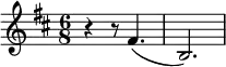 \relative c' { \set Staff.midiInstrument = #"Clarinet"
\key d \major
\time 6/8
r4 r8 fis4.( | b,2.)
}