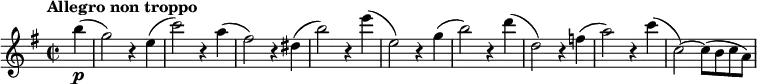 \relative c''' {
\tempo "Allegro non troppo"
\set Score.tempoHideNote = ##t \tempo 4 = 120
\key e \minor
\time 2/2
\clef treble
\set Staff.midiInstrument = "string ensemble 1"
\bar ""
\partial 4 b4\p(
g2) r4 e(
c'2) r4 a(
fis2) r4 dis(
b'2) r4 e(
e,2) r4 g(
b2) r4 d(
d,2) r4 f(
a2) r4 c(
c,2)~ c8( b c a)
}