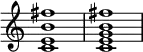 {
\override Score.TimeSignature #'stencil = ##f
\time 4/4
<c' e' b' fis''>1
<c' e' g' b' fis''>1
}