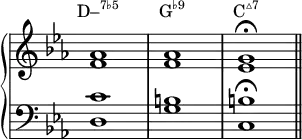 {
\new PianoStaff <<
\new Staff = "treble" \with{ \magnifyStaff #6/5 \remove "Time_signature_engraver" } \relative c' {
\key c \minor \clef treble
<f aes>1 | <f aes> | <ees g> \fermata \bar "||"
}
\new Staff \with{ \magnifyStaff #6/5 \remove "Time_signature_engraver" } \relative c' {
\key c \minor \clef bass
<d, c'>1 | <g b> | <c, b'> \fermata
}
\addlyrics \with { alignAboveContext = "treble" } {
\markup{\concat{D–\super{7♭5}}} \markup{\concat{G\super{♭9}}} \markup{\concat{C\super{▵7}}}
} >> }