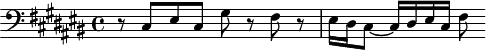 \version "2.18.2"
\header {
tagline = ##f
}
\score {
\new Staff \with {
}
<<
\relative c {
\clef bass
\key cis \major
\time 4/4
\set Staff.midiInstrument = #"harpsichord"
%% SUJET fugue CBT II-3, BWV 872, ut-dièse majeur
r8 cis8 eis cis gis' r8 fis r8 | eis16 dis cis8~ cis16 dis eis cis | fis8
}
>>
\layout {
\context { \Score \remove "Metronome_mark_engraver" }
}
\midi {}
}