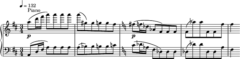{ \new PianoStaff << \new Staff \relative c'' { \clef treble \time 3/4 \key d \major \tempo 4 = 132 a'8(\p^"Piano" d16 fis a8) a a a | a( gis,) gis g g fis | \key c \major fis(\p f16 des aes8 f) f f | f( aes') aes f, f f' | f4 }
\new Staff \relative c' { \clef bass \key d \major \time 3/4 a,8( d16 fis a8) a a a | a( bes) bes b b c | \key c \major c( des16 aes f8 des8) des des | des( des') des des, des a' | f4 } >> }
