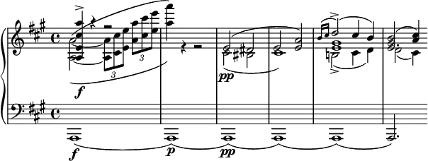 \new PianoStaff <<
		\new Staff = "r" <<
			\clef "violin"
			\key a \major
			\new Voice {
				\voiceOne
				\relative {
					< a e' cis' a' >4\f\accent r r2
					s1
					e'2( dis
					e2 < e a >)
					<< { \grace { b'16( cis } d2\accent )( cis4 b) } \\ gis1 e >>
					<< e2. { <gis b>2( <a cis>4) } >>
				}
			}
			\new Voice {
				\voiceTwo
				\relative {
					<a~ a'~>2^(_( \tuplet 3/2 { <a a'>8 <cis cis'> <e e'> } \tuplet 3/2 { < a a'> <cis cis'> <e e'> }
					<a a'>4)) r r2
					cis,,2\pp( bis
					cis1)
					b!2\accent( cis4 d)
					d2( cis4)
				}
			}
		>>
		\new Staff = "l" <<
			\clef "bass"
			\key a \major
			\new Voice {
				\relative { a,,1\f( a\p)( a\pp) ( a) ( a) ( a2.) }
			}
		>>
	>>