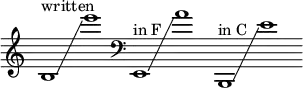 {
\new Staff \with { \remove "Time_signature_engraver" }
\clef treble \key c \major ^ \markup "written" \cadenzaOn
b1 \glissando e'''1
\clef bass ^ \markup "in F" e,1 \glissando a'1
\clef bass ^ \markup "in C" b,,1 \glissando e'1
}