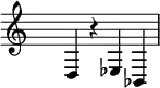\relative
{ \set Score.tempoHideNote = ##t \tempo 4 = 190 \set Staff.midiInstrument = #"piano"
\key c \major
\time 4/4 \hide Staff.TimeSignature
d4 r ees bes4
}