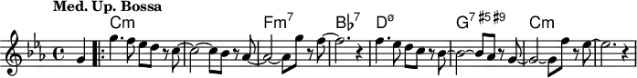 \version "2.22.0"
\header {
tagline = ""
}
global = {
\time 4/4
\key c \minor
\set Score.tempoHideNote = ##t
\tempo "Med. Up. Bossa" 4=148
\set chordChanges = ##t
}
chordNames = \transpose c c, \chordmode {
\global
s4 |
c1:m~ |
c1:m |
f1:m7 |
bes1:7 |
d1:m7.5- |
g1:7.5+.9+ |
c1:m~ |
c1:m |
}
melody = \relative c'' {
\global
\partial 4
g4 |
\bar ".|:"
g'4. f8 es d r c~ |
c2~ c8 bes r as~ |
as2~ as8 g' r f~ |
f2. r4 |
f4. es8 d c r bes~ |
bes2~ bes8 as r g~ |
g2~ g8 f' r es~ |
es2. r4 |
}
\score {
<<
\new ChordNames \chordNames
\new Staff { \melody }
>>
\layout { }
\midi { }
}