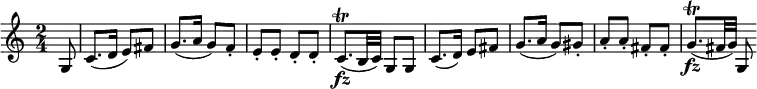 \relative a {
\key c \major
\time 2/4
\tempo ""
\tempo 4 = 60
\partial 8
g8
c8. (d16 e8) fis
g8. (a16 g8) f\staccato
e\staccato e\staccato d\staccato d\staccato
c8.\fz\trill (b32 c32) g8 g8
c8. (d16) e8 fis
g8. (a16 g8) gis\staccato
a\staccato a\staccato fis\staccato fis\staccato
g8.\fz\trill (fis32 g) g,8
}