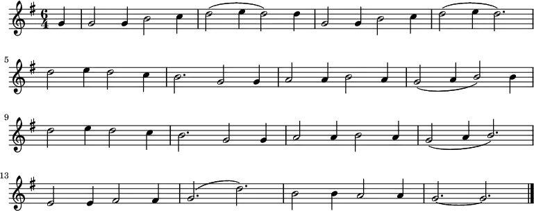 \new Staff <<
\autoBeamOff
\time 6/4
\key g \major
\partial 4
\relative c' { \set Staff.midiInstrument = #"clarinet"
g'4 | g2 g4 b2 c4 | d2 ( e4 d2 ) d4 | g,2 g4 b2 c4 | d2 ( e4 d2. ) \break |
d2 e4 d2 c4 | b2. g2 g4 | a2 a4 b2 a4 | \stemUp g2 ( a4 b2 ) \stemNeutral b4 \break |
d2 e4 d2 c4 | b2. g2 g4 | a2 a4 b2 a4 | \stemUp g2 ( a4 b2. ) \break |
\stemNeutral e,2 e4 fis2 fis4 | g2. ( d'2. ) | b2 b4 a2 a4 | g2. ~ g2. \bar "|."
}
>>
\layout { indent = #0 }
\midi { \tempo 4 = 170 }