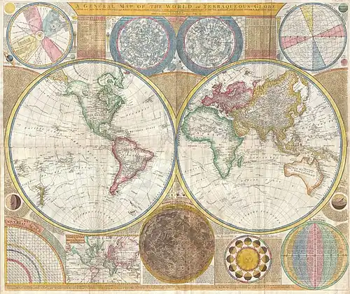 Image 10A general map of the world by Samuel Dunn, 1794, containing star chart, map of the Solar System, map of the Moon and other features along with Earth's both hemispheres. (from History of cartography)