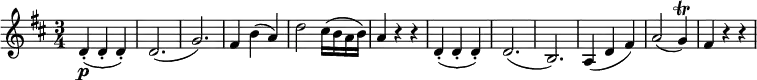 { \tempo 4 = 144 \set Score.tempoHideNote=##t \set Staff.midiInstrument = "violin" \relative d' { \key d \major \time 3/4
d-.( \p d-. d-.) | d2.( | g2.) | fis4 b( a) | d2 cis16( b a b)| a4 r r |
d,-.( d-. d-.) | d2.( | b2.) | a4( d fis) | a2( g4) \trill | fis4 r r }}