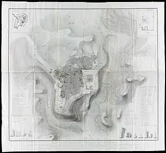”Tombs of the Martyrs” (top left) shown at the site of the mosque in the 1841 Aldrich and Symonds map of Jerusalem