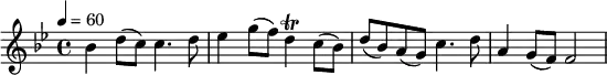 \relative c'' {
\set Staff.midiInstrument = #"piano"
\tempo 4 = 60
\clef "treble"
\time 4/4
\key bes \major
bes4 d8( c) c4. d8
|es4 g8( f) d4\trill c8( bes)
| d( bes) a( g) c4. d8
| a4 g8( f) f2
}