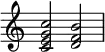 {
\override Score.TimeSignature #'stencil = ##f
\relative c' {
\clef treble \time 4/4
<c e g c>2 <d f b>
} }