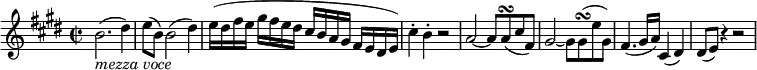  { \tempo 4 = 60 \set Score.tempoHideNote=##t \set Staff.midiInstrument = "violin" \relative b' { \key e \major \time 2/2
b2.( _\markup { \italic "mezza voce" } dis4) | e8( b) b2( dis4) | e16([ dis fis e] gis[ fis e dis] cis[ b a gis] fis[ e dis e]) |
cis'4-. b-. r2 | a2~ a8 a( \turn cis fis,) |
gis2~ gis8  gis( \turn e' gis,) | fis4.( gis16 a) cis,4( dis) | dis8( e) r4 r2 }}
\layout { \context { \Score \override SpacingSpanner.common-shortest-duration = #(ly:make-moment 1/4) }} 