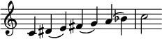 {
\override Score.TimeSignature #'stencil = ##f
\relative c' {
\clef treble \time 7/4
c4 dis (e) fis (g) a (bes) c2
} }