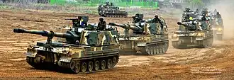 K9 self-propelled howitzer of the 1st Artillery Brigade in training at Paju, Gyeonggi Province