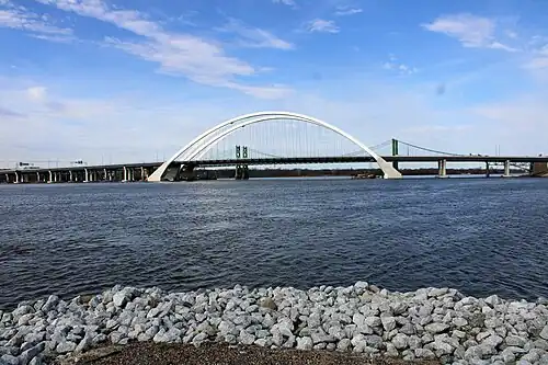 Two bridges cross a river