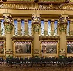 Egyptian inspiration/Egyptian Revival: Interior of the Temple maçonnique des Amis philanthropes, Brussels, Belgium, 1877–1879, by Adolphe Samyn, with the help of Ernest Hendrickx, J. De Blois and Alban Chambon