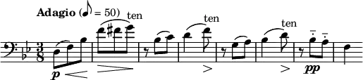 \relative c { \set Staff.midiInstrument = #"cello" \clef bass \time 3/8 \tempo "Adagio" 8 = 50 \key bes \major d8(\p\< f) bes\! | f'\>( fis g^"ten")\! | r bes,( c) | d4( f8)^"ten"\> | r\! g,( a) | bes4( d8)^"ten"\> | r\! bes-_\pp a-_ | f4 }